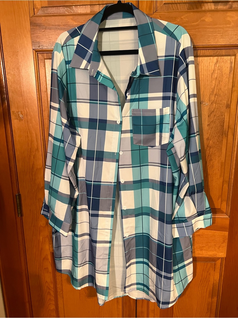 SHEIN Teal, Navy & White Plaid Button Down Shirt